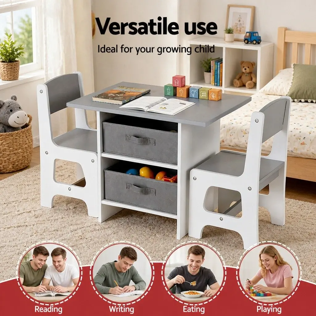 Kids Table and Chairs Set Activity Desk Storage Drawers Toddler Grey