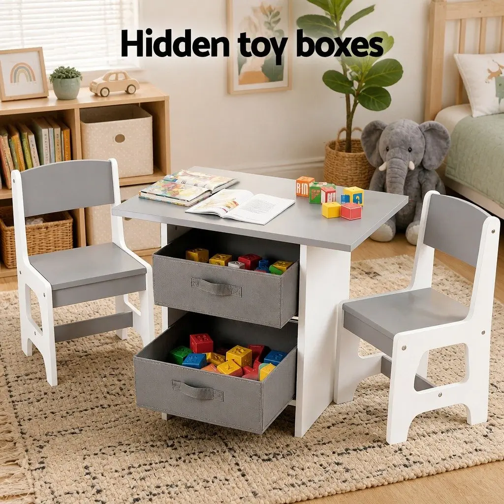Kids Table and Chairs Set Activity Desk Storage Drawers Toddler Grey