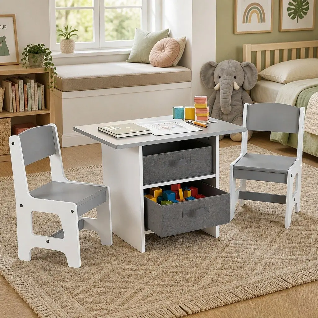 Kids Table and Chairs Set Activity Desk Storage Drawers Toddler Grey