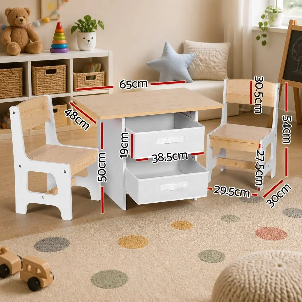 Kids Table and 2 Chairs Set Activity Desk Storage Drawers White with Natural