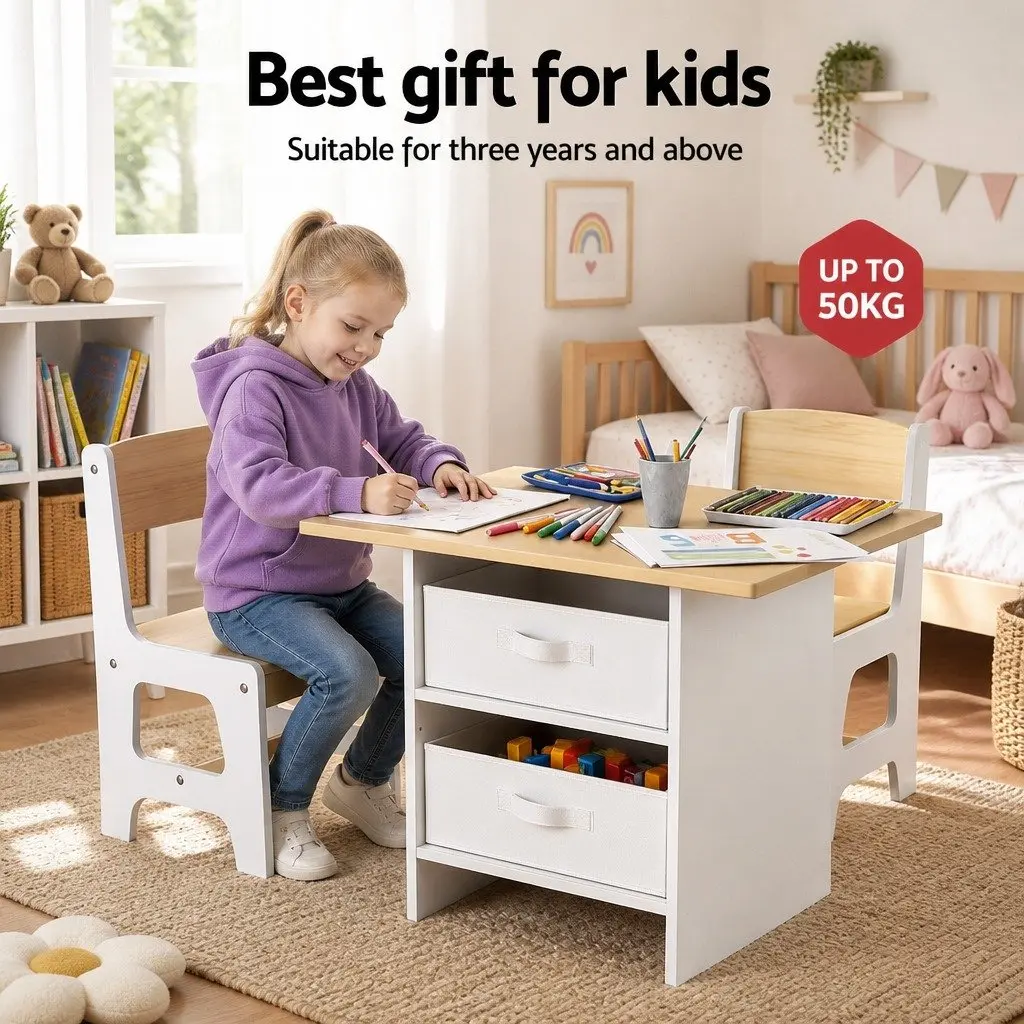 Kids Table and 2 Chairs Set Activity Desk Storage Drawers White with Natural