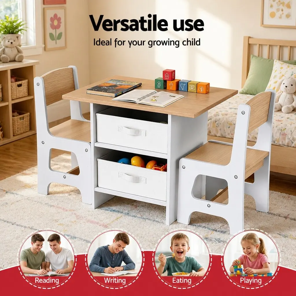 Kids Table and 2 Chairs Set Activity Desk Storage Drawers White with Natural