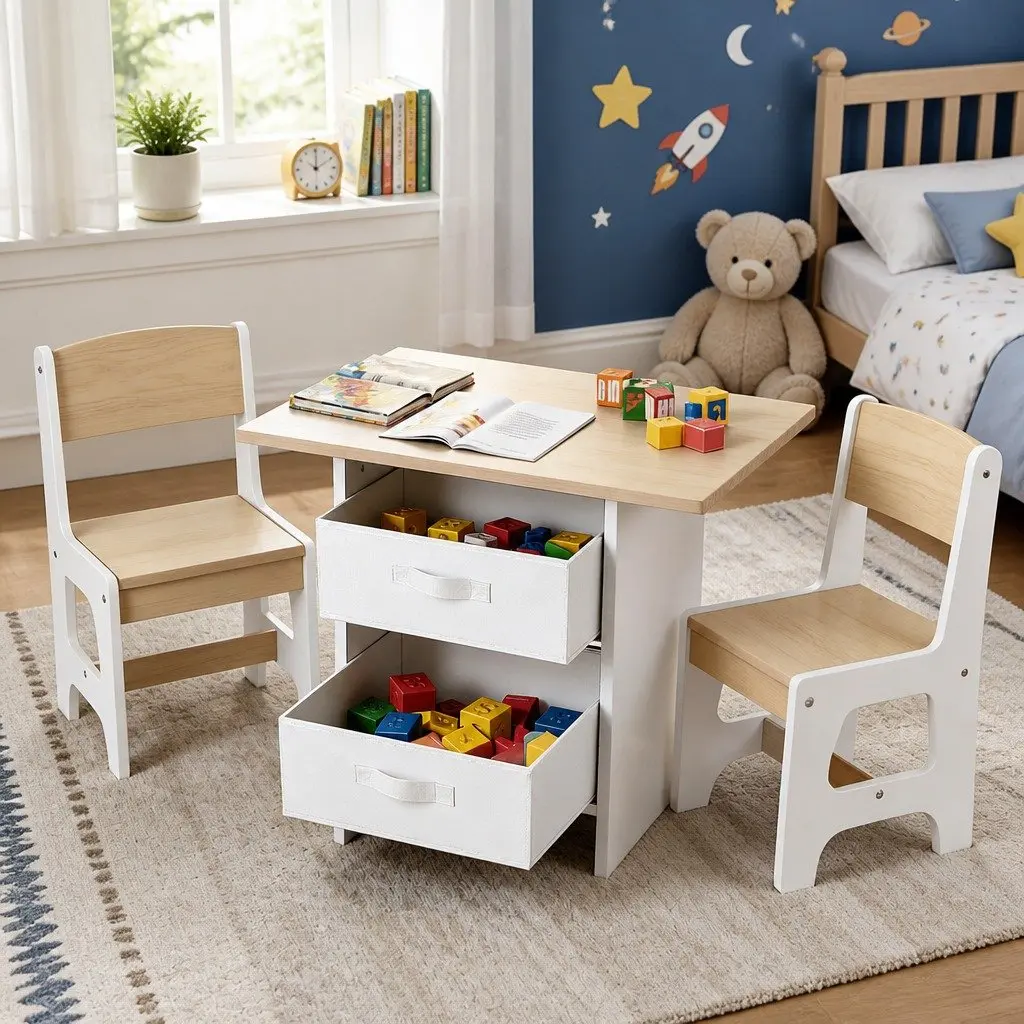 Kids Table and 2 Chairs Set Activity Desk Storage Drawers White with Natural