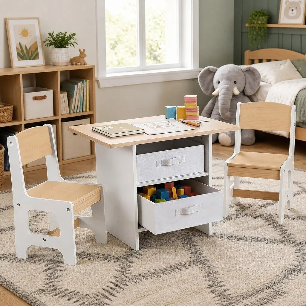 Kids Table and 2 Chairs Set Activity Desk Storage Drawers White with Natural