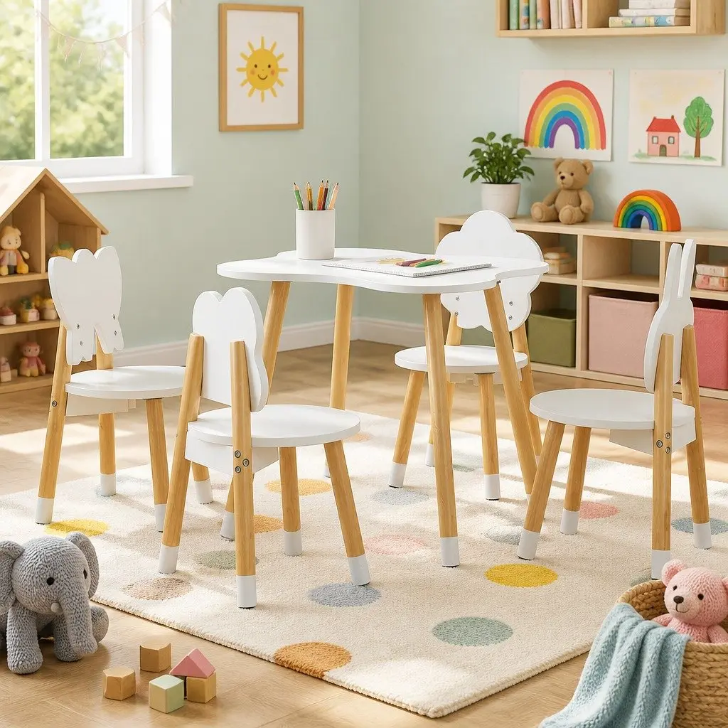 Children's Activity Table and Chair Set 5 Piece White Study Play Furniture