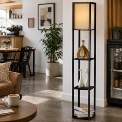 Floor Lamp with 3 Tier Shelf Storage Stand LED Light Vintage Black Home Room