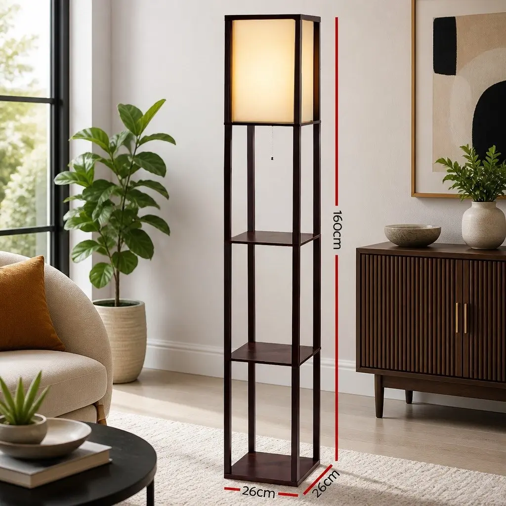 Floor Lamp with 3 Tier Shelf Storage LED Stand Brown Vintage Home Room Display
