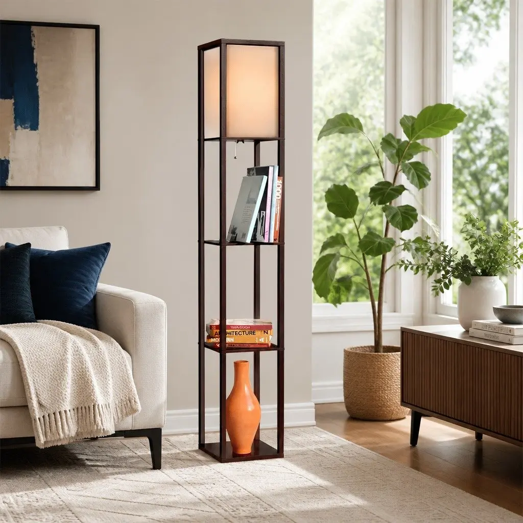 Floor Lamp with 3 Tier Shelf Storage LED Stand Brown Vintage Home Room Display