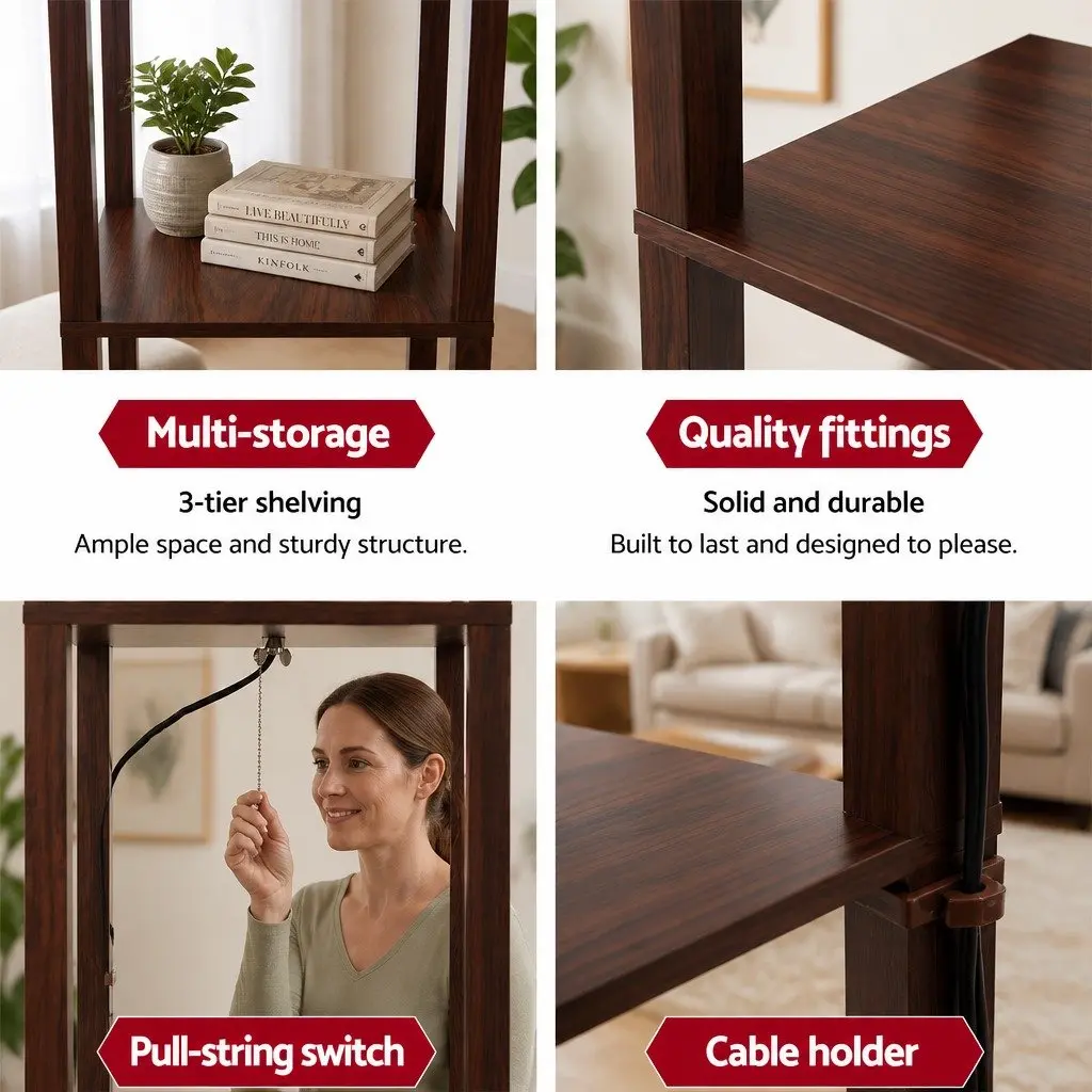 Floor Lamp with 3 Tier Shelf Storage LED Stand Brown Vintage Home Room Display