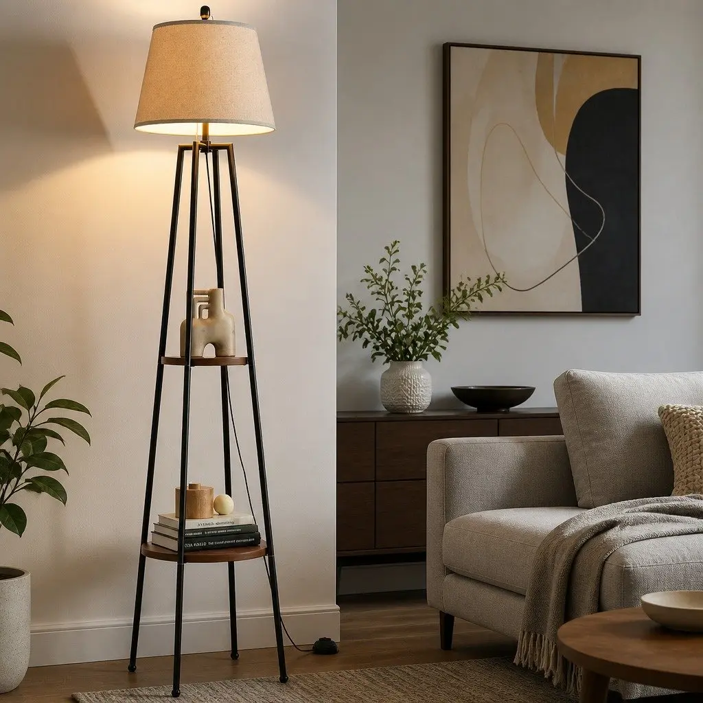 Floor Lamp with 2 Tier Shelf Storage LED Light Stand Modern Tripod Design