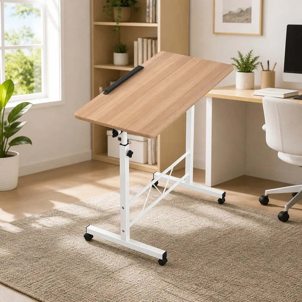 Mobile Laptop Desk Adjustable Height 80CM Brown Light Wood Tilting Portable