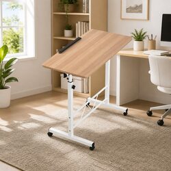 Mobile Laptop Desk Adjustable Height 80CM Brown Light Wood Tilting Portable