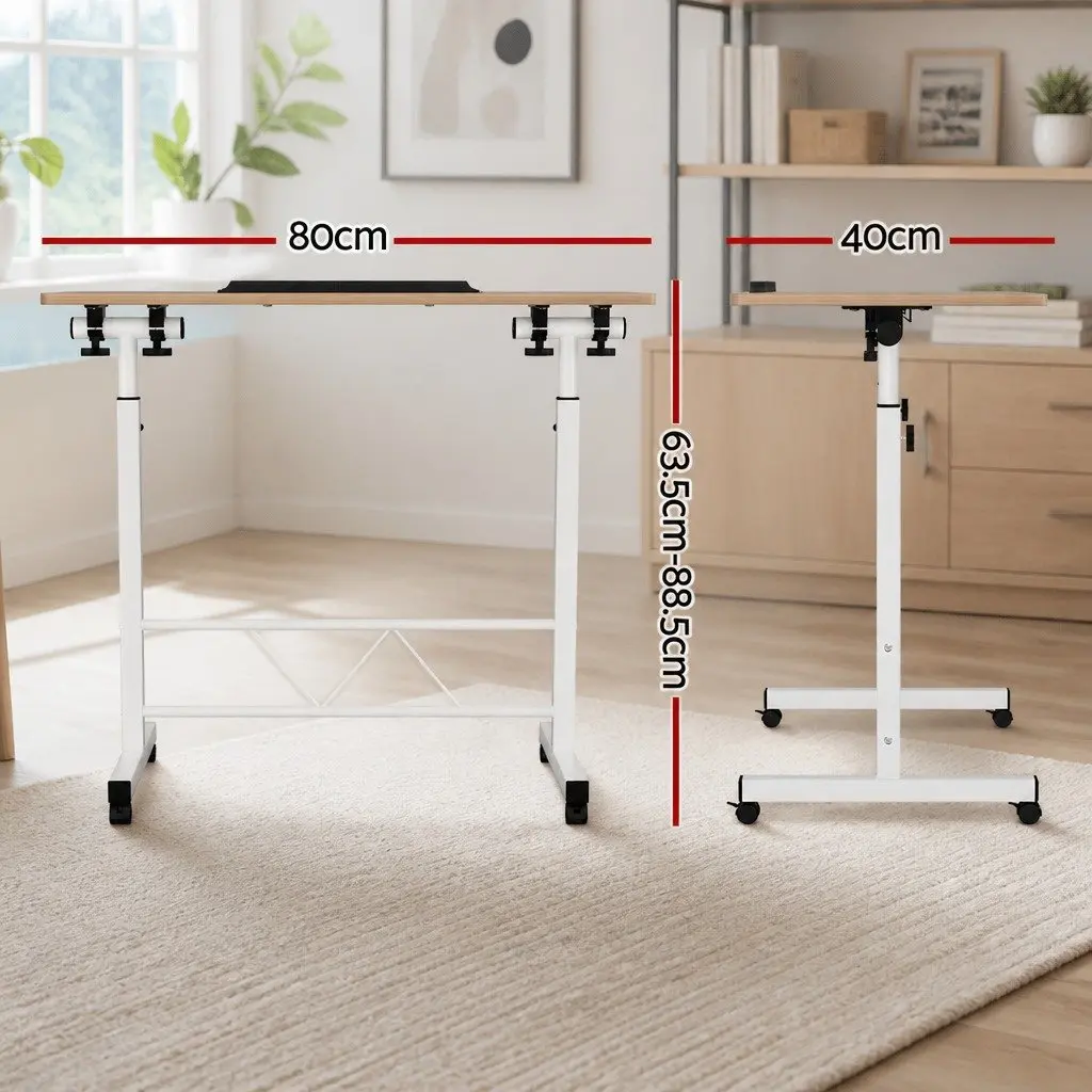 Mobile Laptop Desk Adjustable Height 80CM Brown Light Wood Tilting Portable