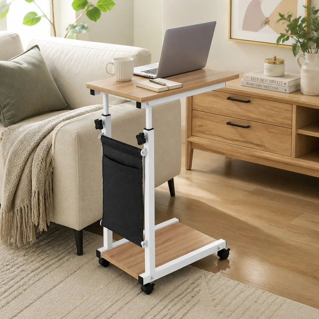 Mobile Laptop Desk Height Adjustable Workstation Portable Oak White 48x30x62-90cm