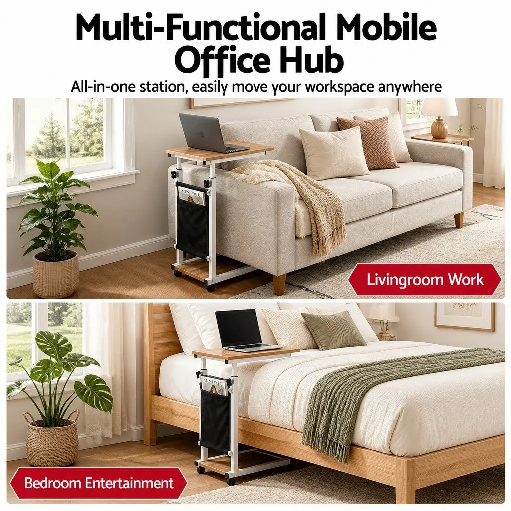 Mobile Laptop Desk Height Adjustable Workstation Portable Oak White 48x30x62-90cm