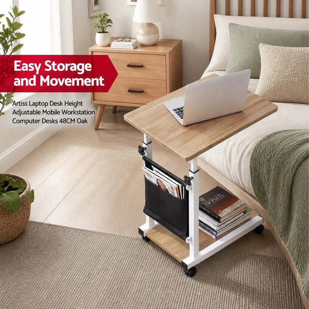 Mobile Laptop Desk Height Adjustable Workstation Portable Oak White 48x30x62-90cm