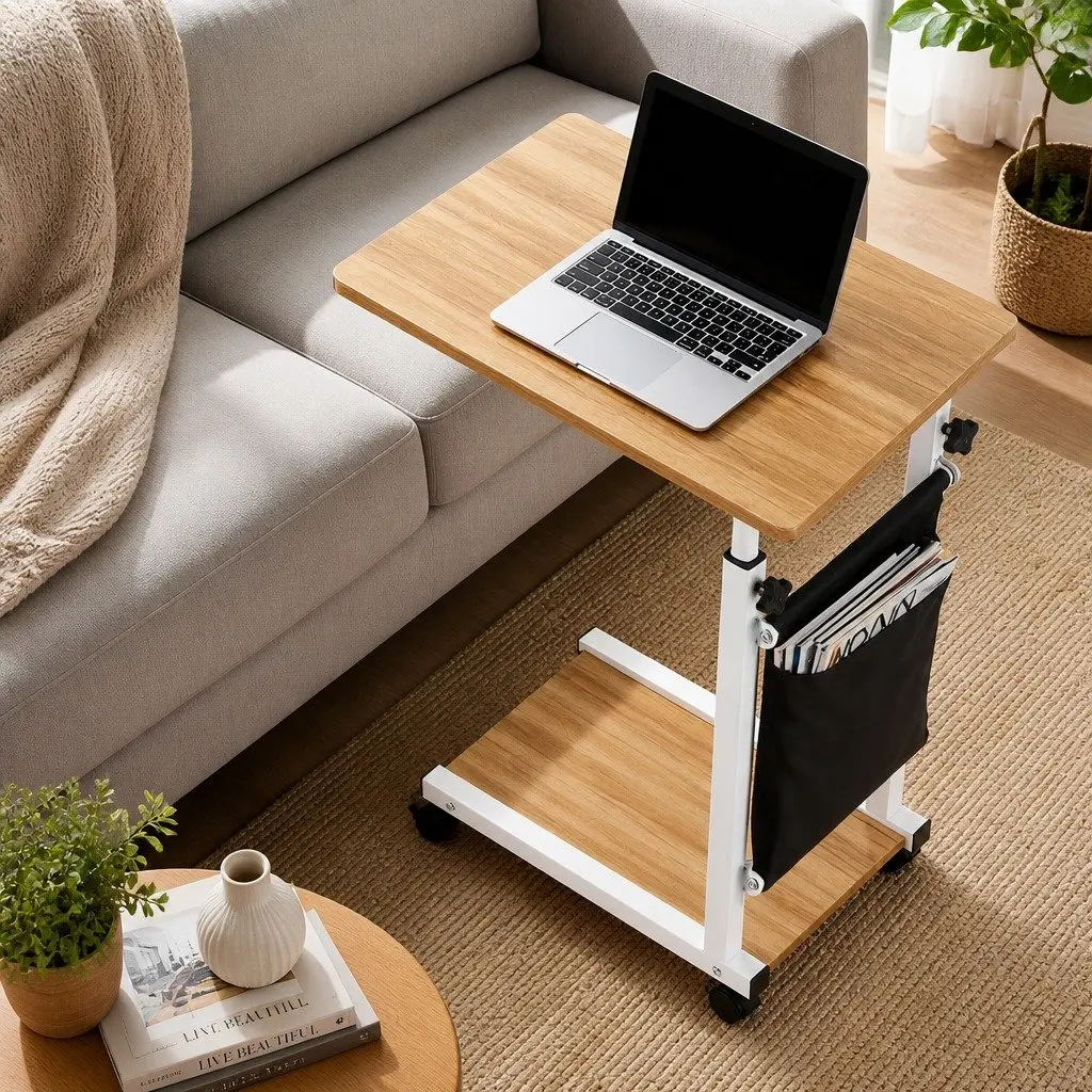 Mobile Laptop Desk Height Adjustable Workstation Portable Oak White 48x30x62-90cm