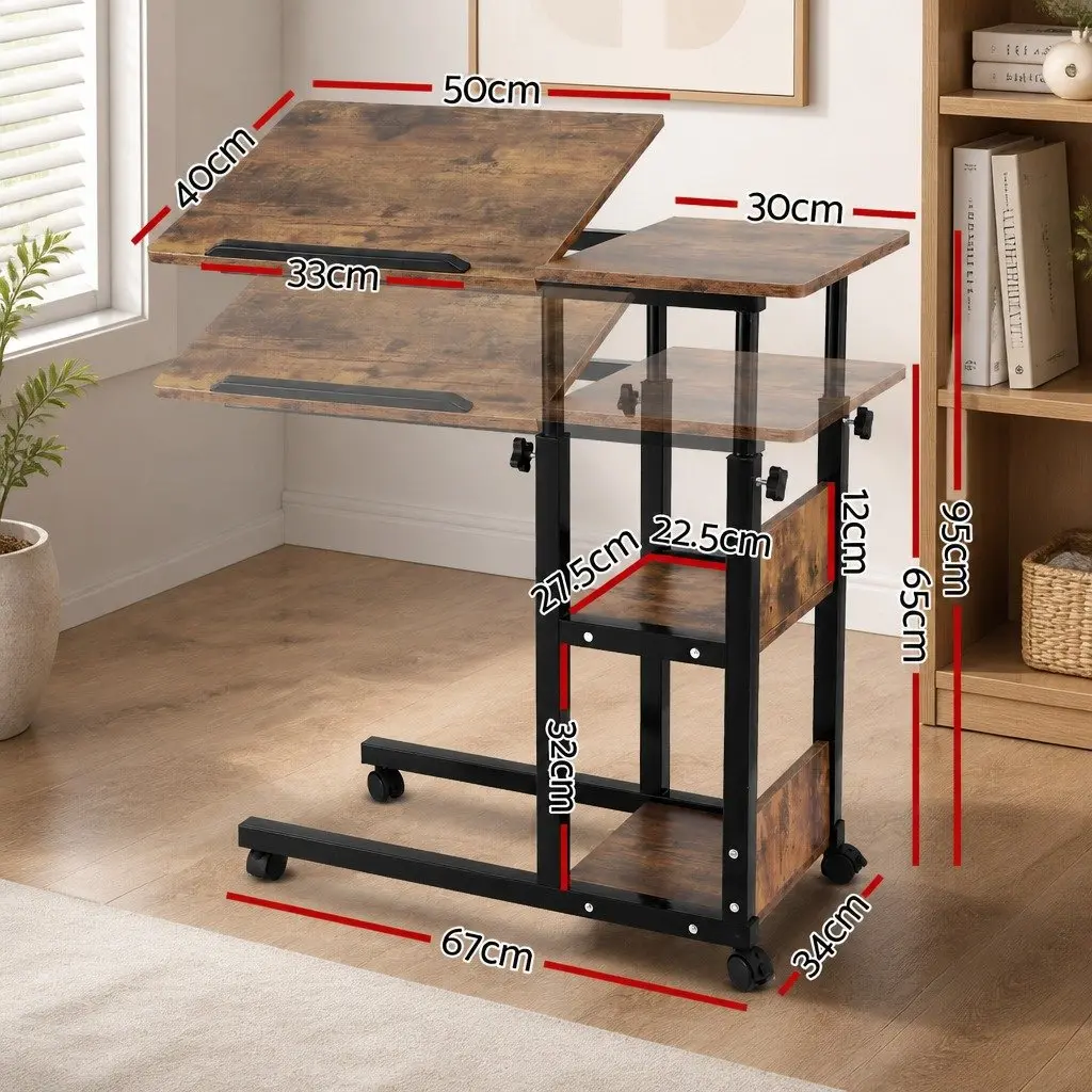 Adjustable Laptop Desk Mobile Side Table 3 Tier Tiltable Height 65cm to 95cm Brown or Black