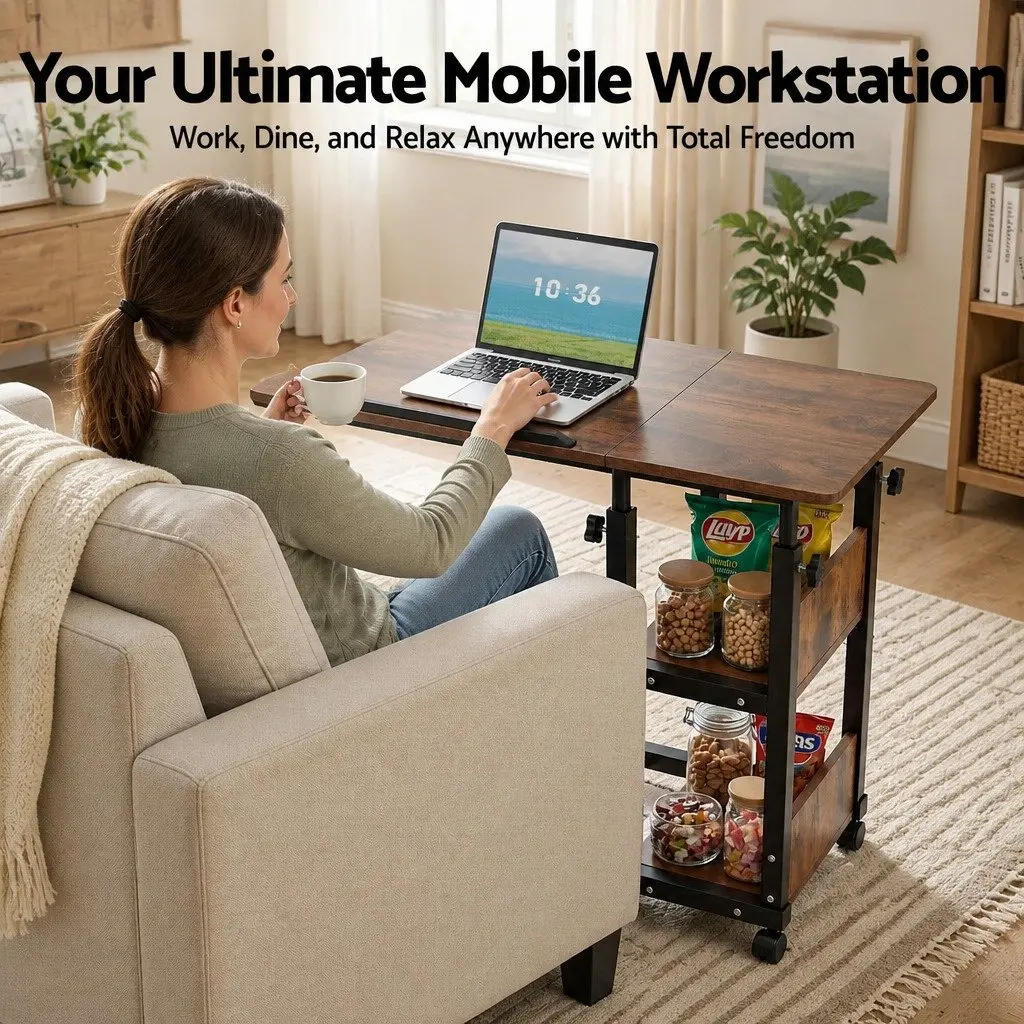 Adjustable Laptop Desk Mobile Side Table 3 Tier Tiltable Height 65cm to 95cm Brown or Black