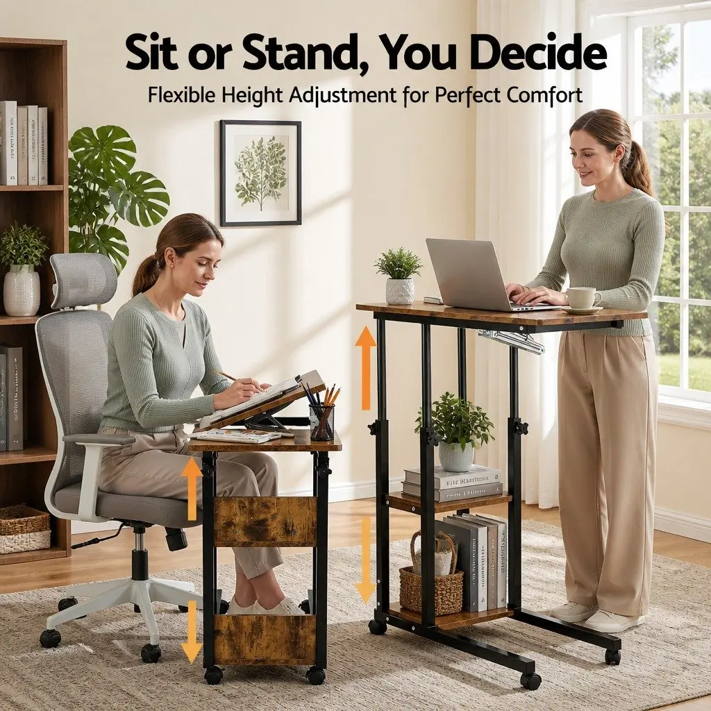 Adjustable Laptop Desk Mobile Side Table 3 Tier Tiltable Height 65cm to 95cm Brown or Black