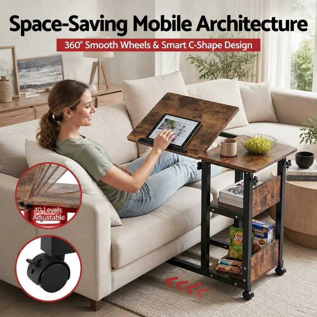 Adjustable Laptop Desk Mobile Side Table 3 Tier Tiltable Height 65cm to 95cm Brown or Black