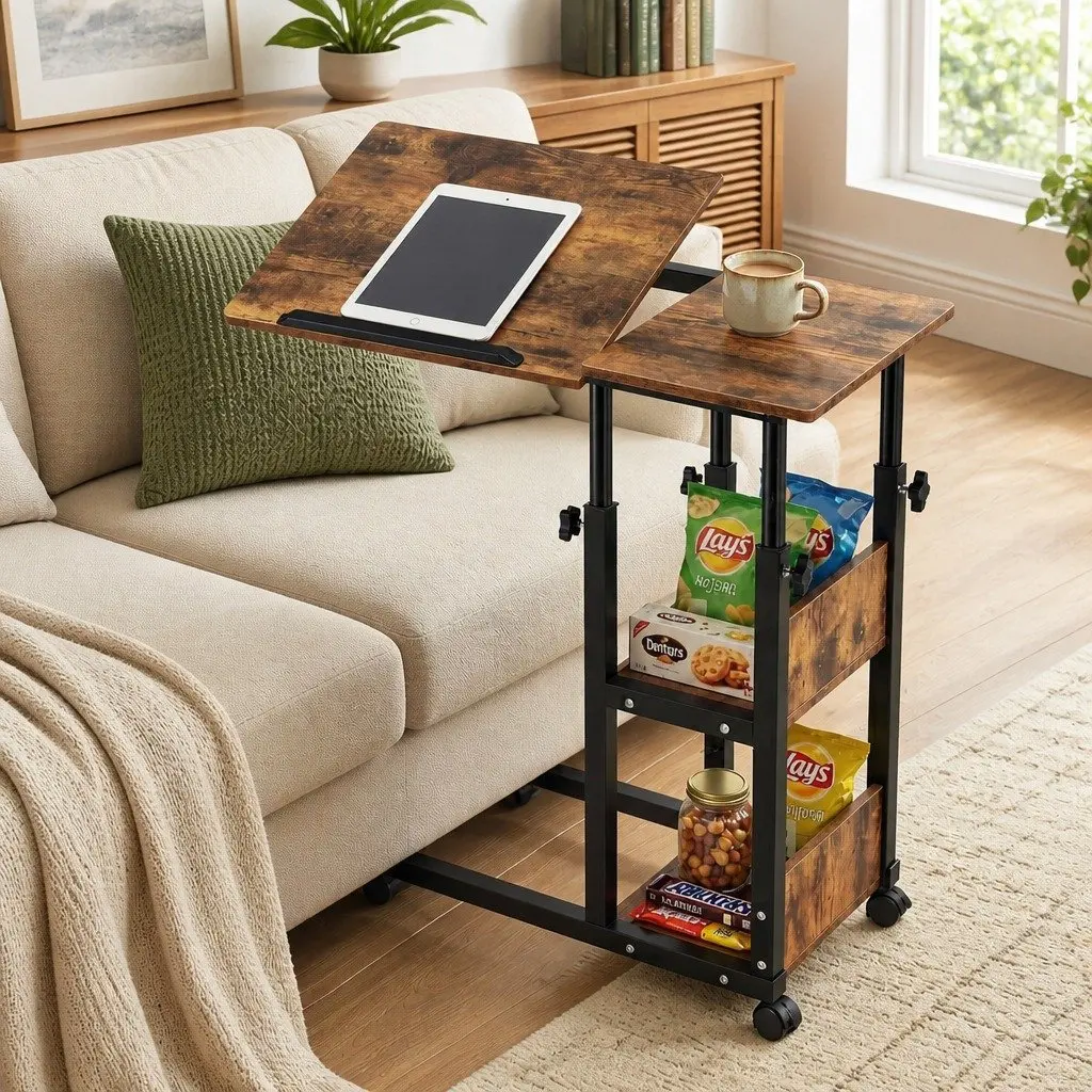 Adjustable Laptop Desk Mobile Side Table 3 Tier Tiltable Height 65cm to 95cm Brown or Black