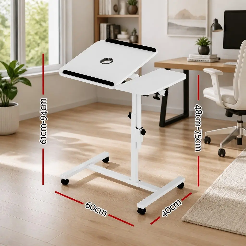 Laptop Desk Table Adjustable Height 60CM White with Swivel Desktop and USB Cooling Fan