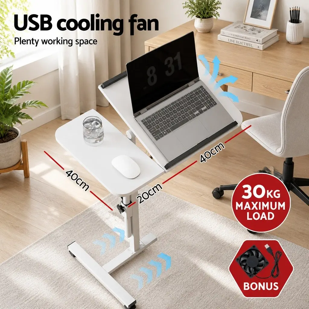 Laptop Desk Table Adjustable Height 60CM White with Swivel Desktop and USB Cooling Fan