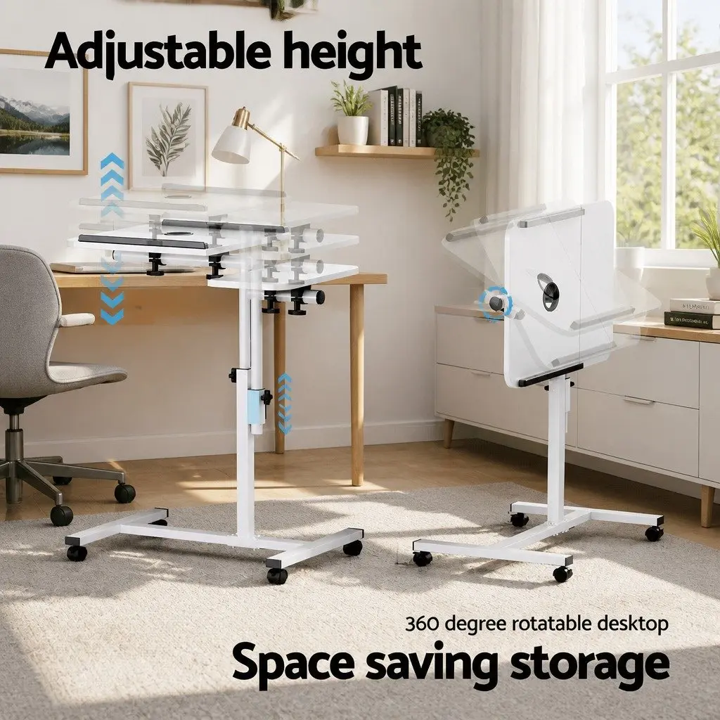 Laptop Desk Table Adjustable Height 60CM White with Swivel Desktop and USB Cooling Fan