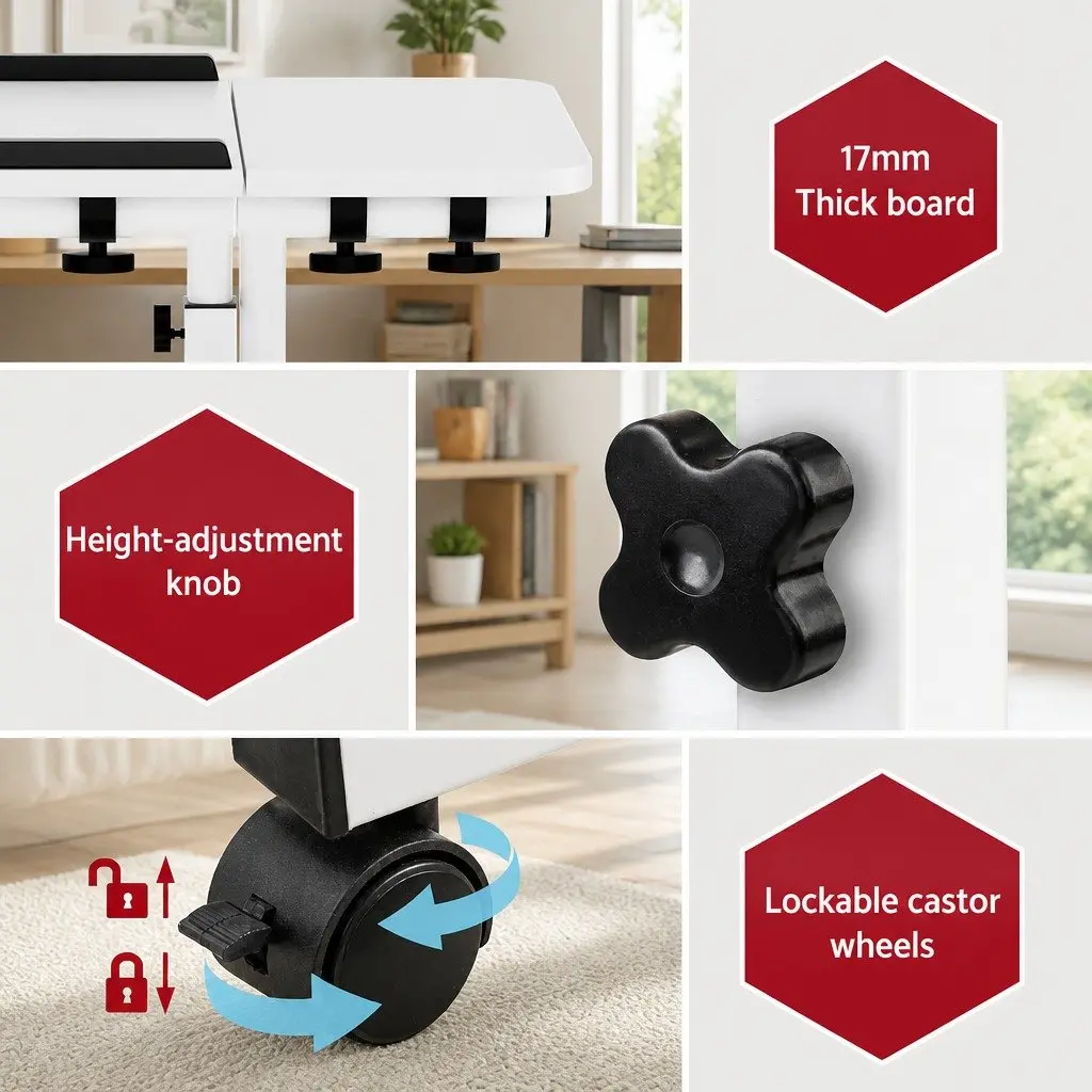 Laptop Desk Table Adjustable Height 60CM White with Swivel Desktop and USB Cooling Fan