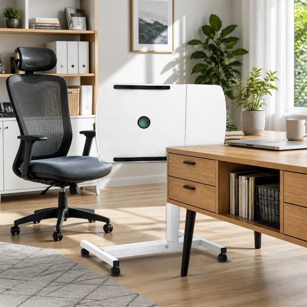 Laptop Desk Table Adjustable Height 60CM White with Swivel Desktop and USB Cooling Fan