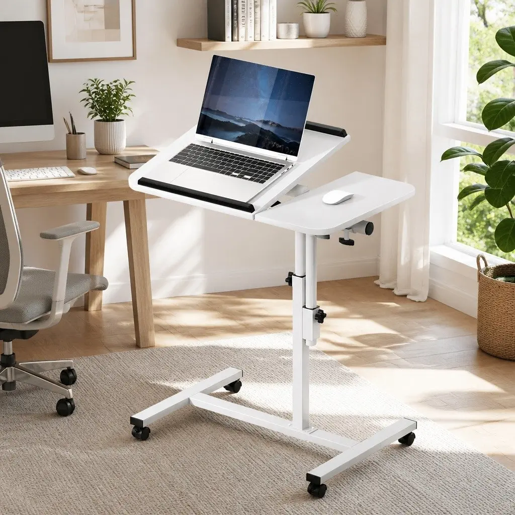 Laptop Desk Table Adjustable Height 60CM White with Swivel Desktop and USB Cooling Fan