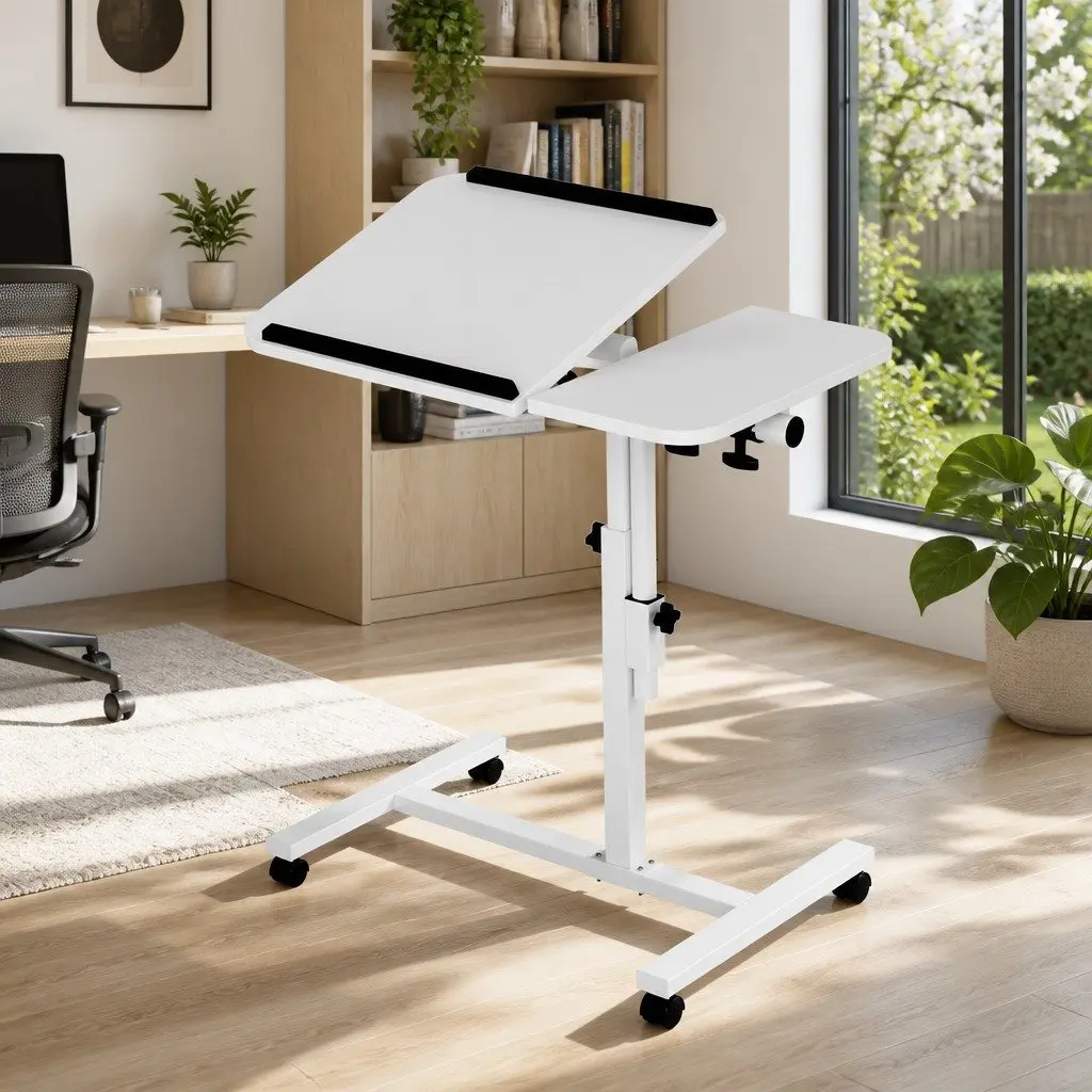 Laptop Desk Stand Adjustable Height 60CM White Rotating Tilt Mobile with Wheels