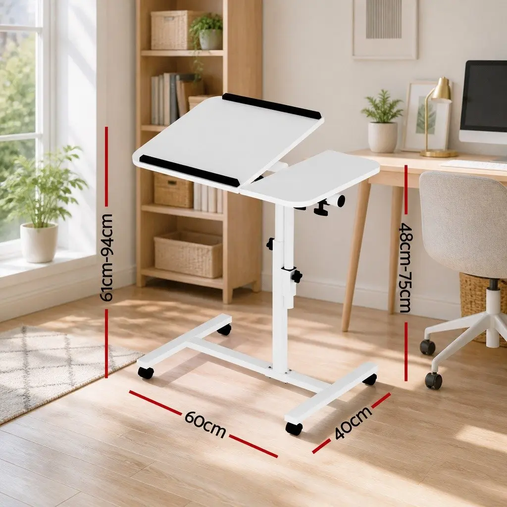 Laptop Desk Stand Adjustable Height 60CM White Rotating Tilt Mobile with Wheels