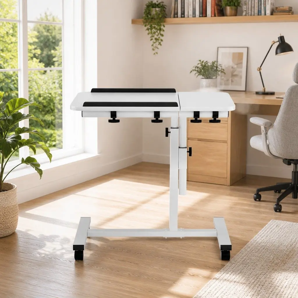 Laptop Desk Stand Adjustable Height 60CM White Rotating Tilt Mobile with Wheels
