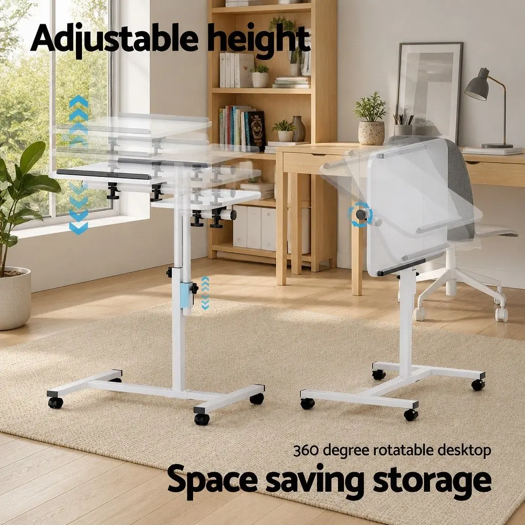 Laptop Desk Stand Adjustable Height 60CM White Rotating Tilt Mobile with Wheels