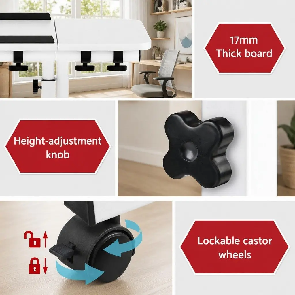 Laptop Desk Stand Adjustable Height 60CM White Rotating Tilt Mobile with Wheels