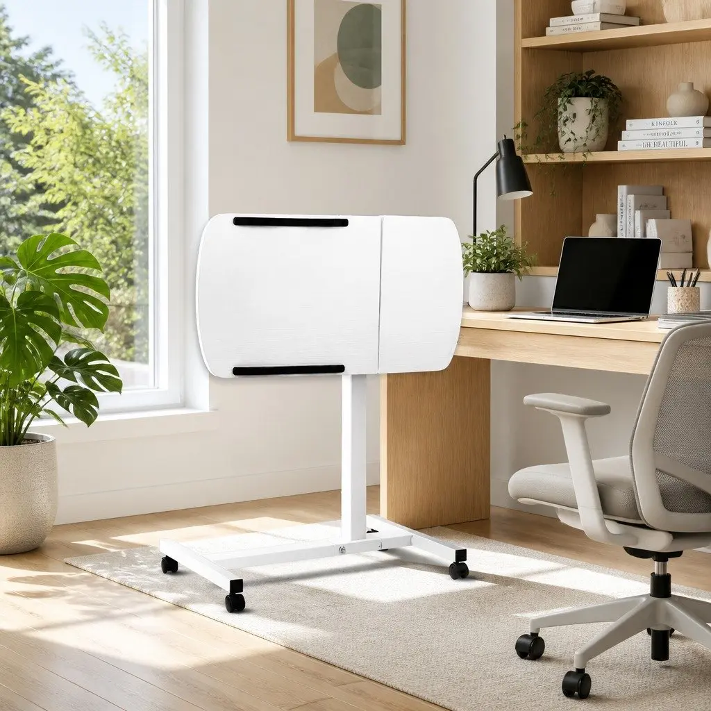 Laptop Desk Stand Adjustable Height 60CM White Rotating Tilt Mobile with Wheels