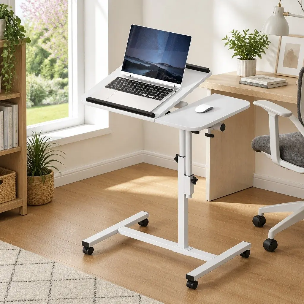 Laptop Desk Stand Adjustable Height 60CM White Rotating Tilt Mobile with Wheels