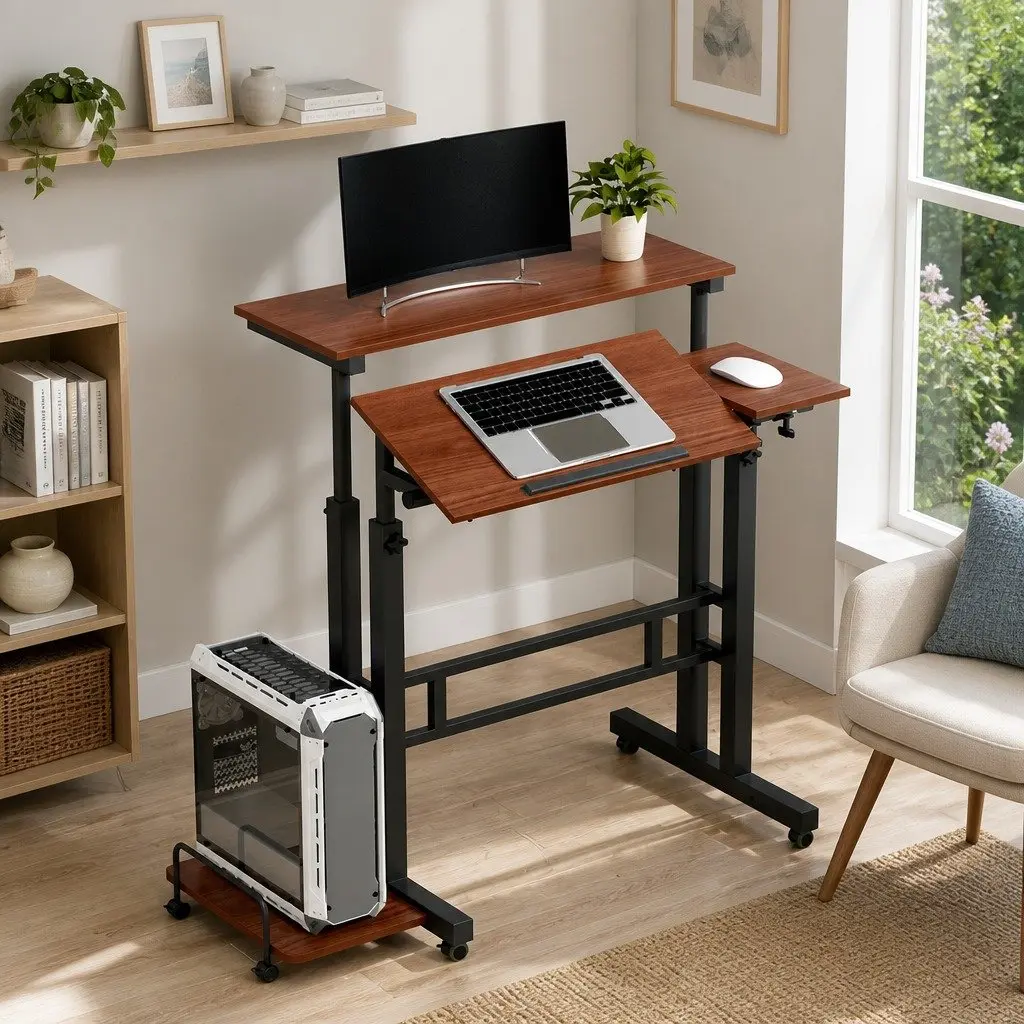 Mobile Twin Laptop Desk Adjustable Height Tilt Portable Standing Work Table
