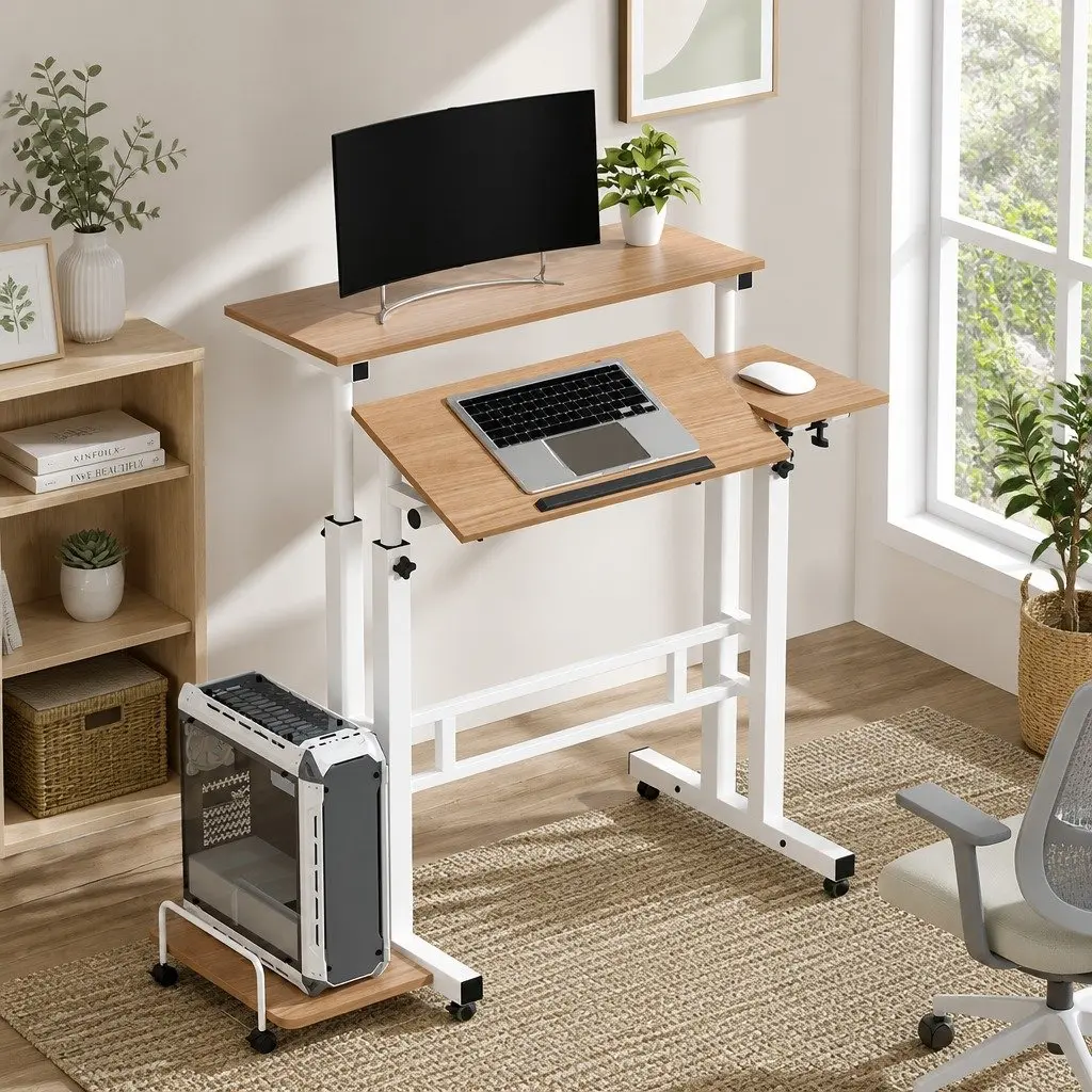 Mobile Twin Laptop Desk Adjustable Height Tilting Tabletop with Castor Wheels