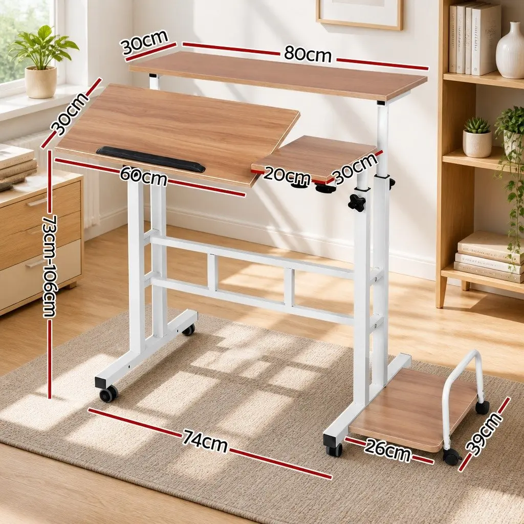 Mobile Twin Laptop Desk Adjustable Height Tilting Tabletop with Castor Wheels