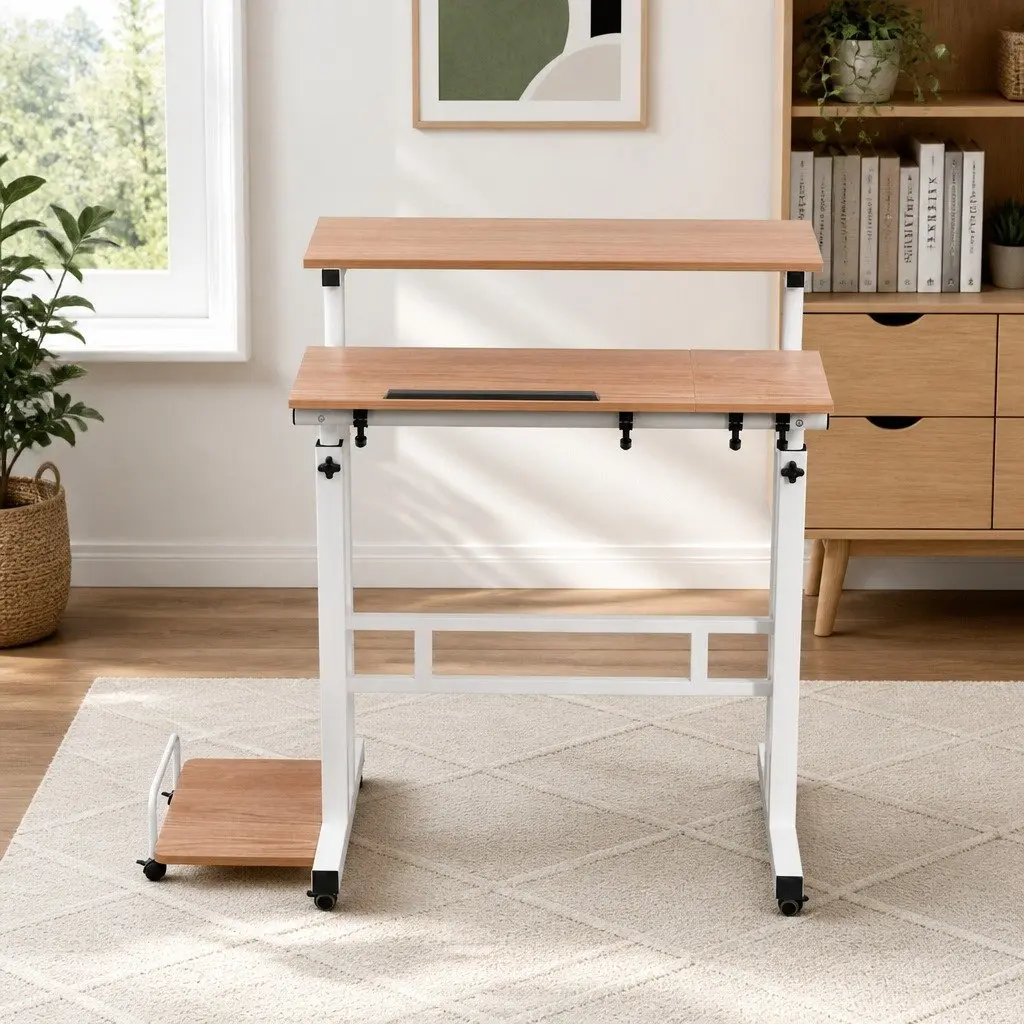 Mobile Twin Laptop Desk Adjustable Height Tilting Tabletop with Castor Wheels