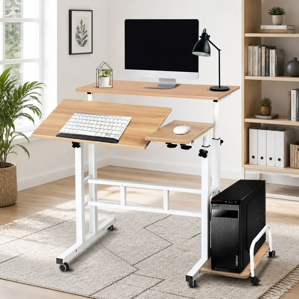 Mobile Twin Laptop Desk Adjustable Height Tilting Tabletop with Castor Wheels
