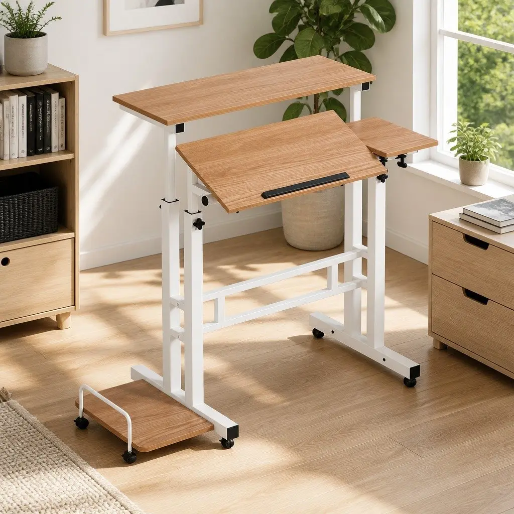 Mobile Twin Laptop Desk Adjustable Height Tilting Tabletop with Castor Wheels