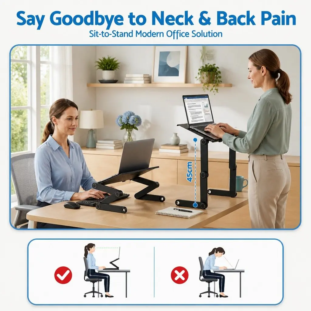 Laptop Stand Aluminium Portable Riser Adjustable Height Bed Tray Black