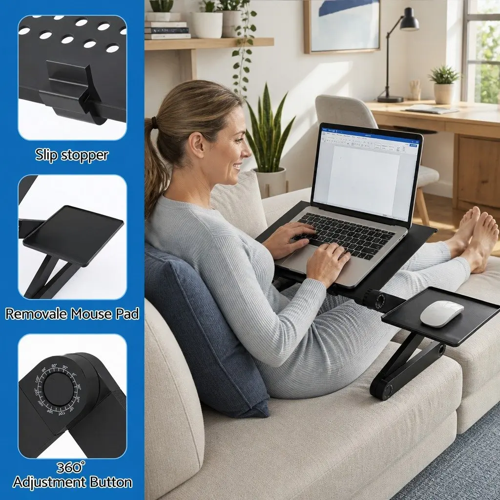 Laptop Stand Aluminium Portable Riser Adjustable Height Bed Tray Black