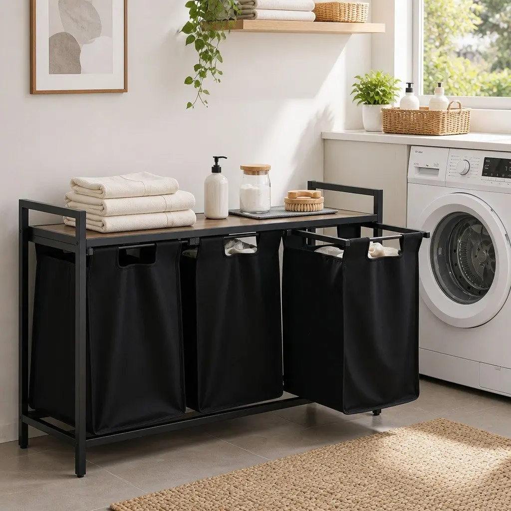 Laundry Basket with Metal Frame and Storage Top