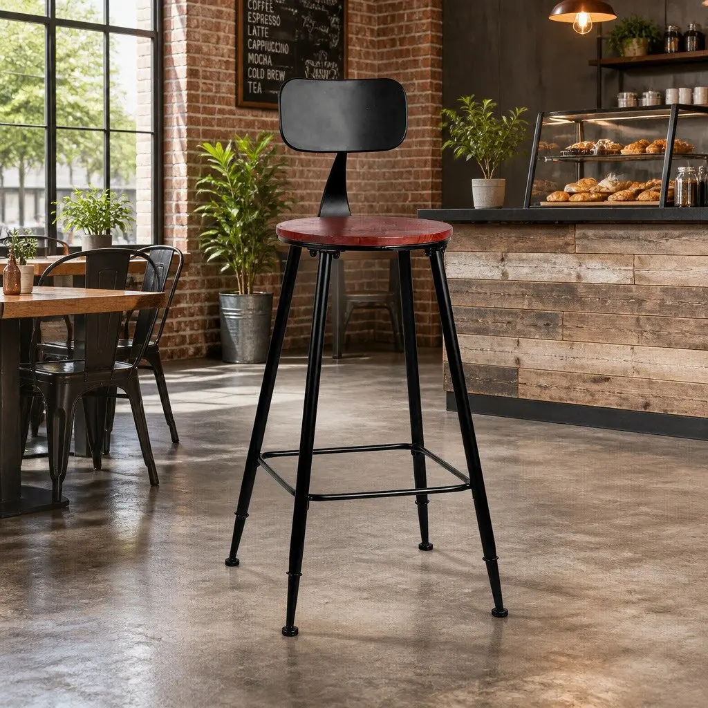 Bar Stools x2 Industrial Design Black Metal Frame Removable Backrest Dining