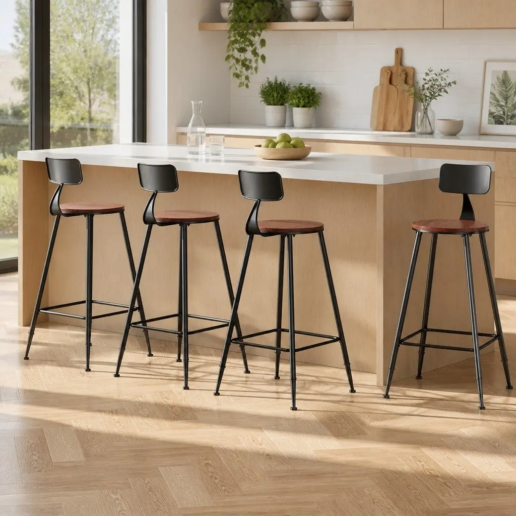 Bar Stools Industrial Metal Chairs Pinewood Seat Backrest Black 74cm Height Set of 4
